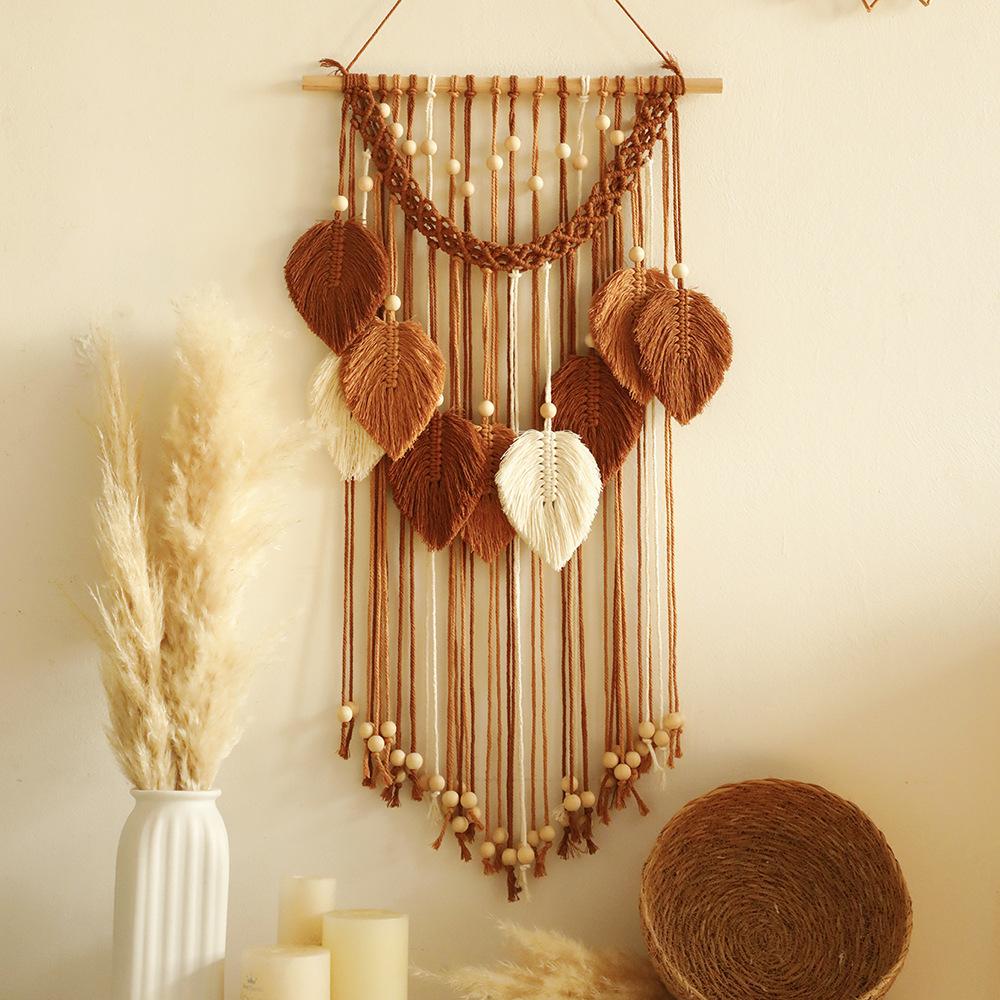 Handmade cotton thread weaving wooden bead leaf tapestry minimalist home decor bedroom homestay wall decoration