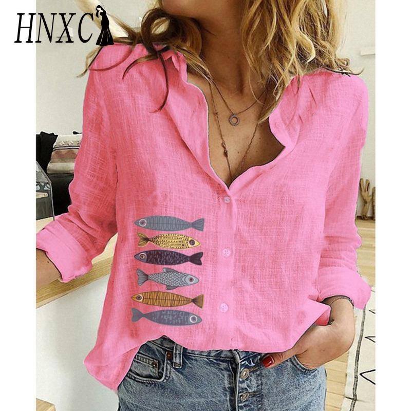 HNXC Women's Fashion Casual Small Fish Print Long Sleeve POLO Neck Blouses & Shirts