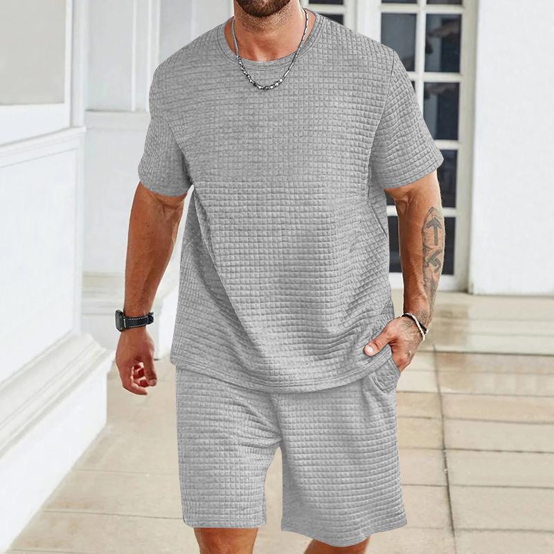 Completo Activewear da Uomo T-shirt a Girocollo Monocolore Pantaloncini Outfit 2 Pezzi