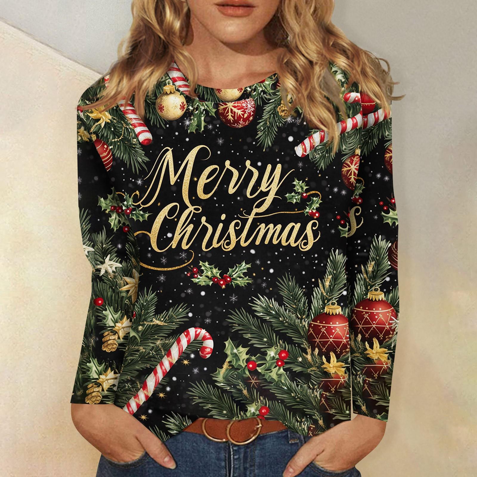 

Женская мода повседневный топ с длинным рукавом с рождественским принтом и круглым вырезом M