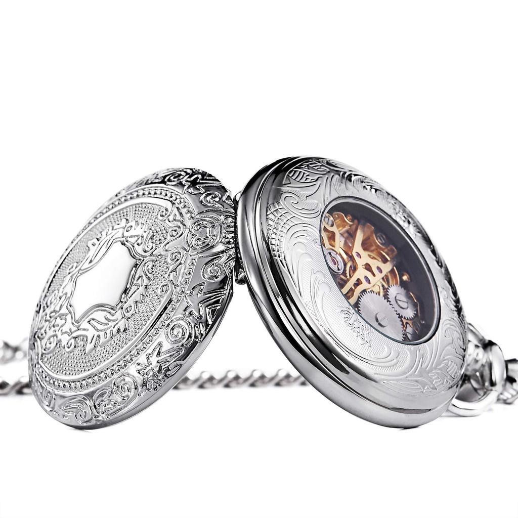 TREEWETO Mechanische Taschenuhr mit römischen Ziffern und Skelett Silberkette Handaufzug