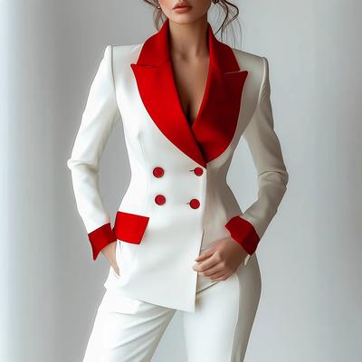 Set blazer alb pentru femei cu garnitură roșie contrastantă și rever cu crestătură