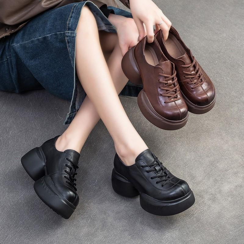Fashion GKTINOO 2025 Autumn New Genuine Leather Thick Sole Pumps Versatile Retro Round Toe Lace-up Women's Platform Shoes