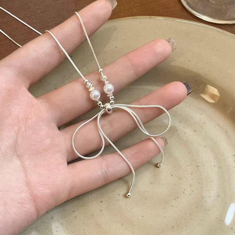 Pink Color Zircon Bowknot Heart Simulated Pearl Pendant Luxury Necklaces for Women Shiny Silver Water Wave Chain Choker Jewelry