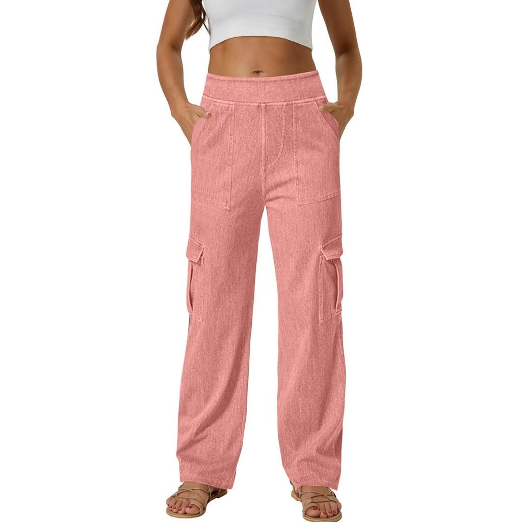 Women  Elastic High Waist Pant Casual Active  Fit Wide Leg Long Pants Trousers With Pockets