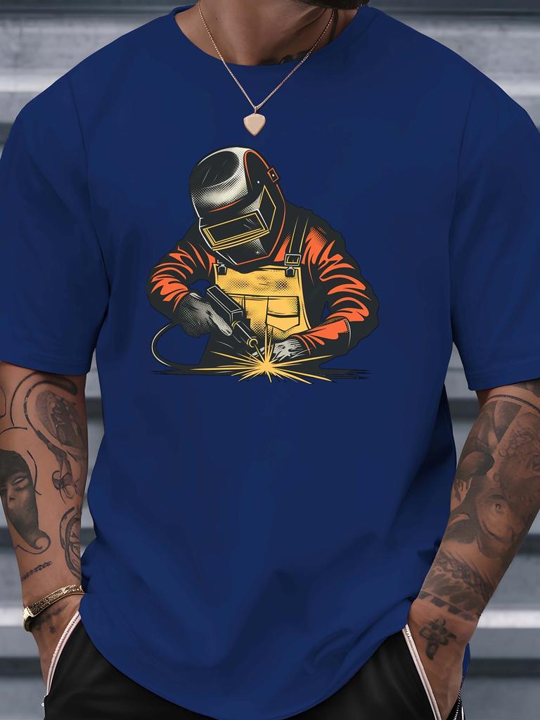 Retro Welder With Welding Spark Art Graphic Unisexs Cotton Crew Neck Tee Short Sleeve Loose Craftsunisex Casual Street Male Wear Top