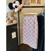 Academy Style Pink Plaid A-line Wool Skirt - Hip-Hugging for Spring & Autumn