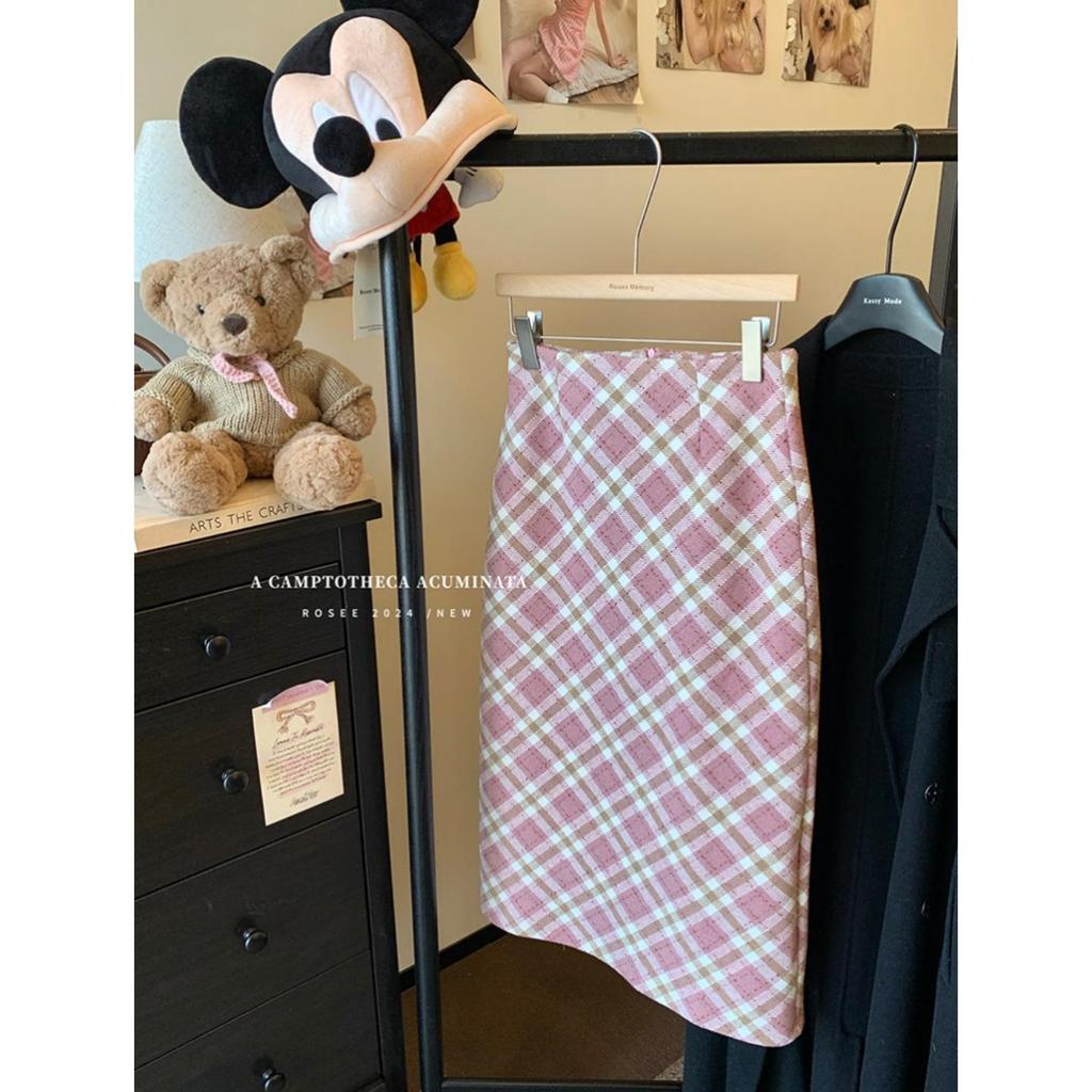 Academy Style Pink Plaid A-line Wool Skirt - Hip-Hugging for Spring & Autumn