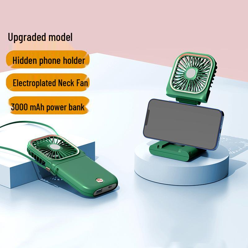 Portable Foldable Neck Fan & Phone Holder with Power Bank 167*80*18mm зелёный
