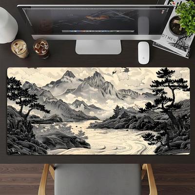 Großes Asiatisches Tinte Berg Fluss Kiefer Baum Kunst Mauspads XXL Rutschfeste Gummi Schreibtischunterlage PC Spiel Tastatur Schreibtischmatten Mauspads Gamer