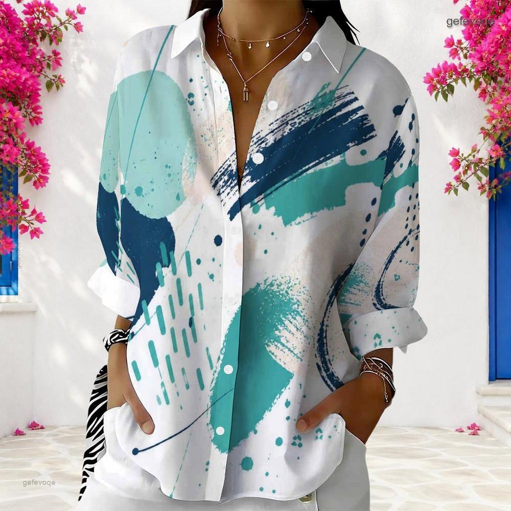 Women Plus Size Long Sleeve Collared Button Front Abstract Geometric Leaf Print Earth Tone Shirt