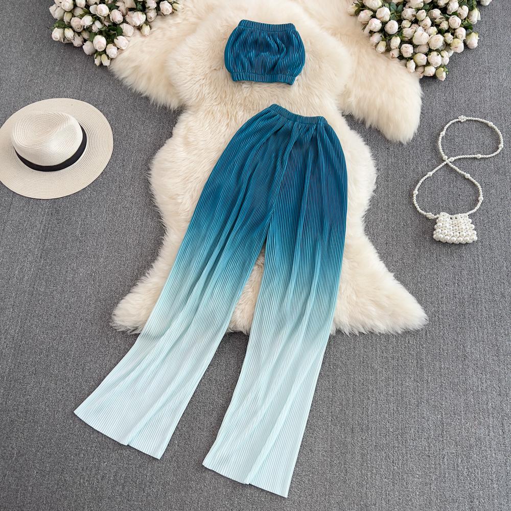 RUGOD 2022 Modeanzug Damen Sexy Tube Top Zweiteiliger Anzug mit hoher Taille Drapieren Lässige Farbverlaufsfarbe Gerade Hose mit weitem Bein