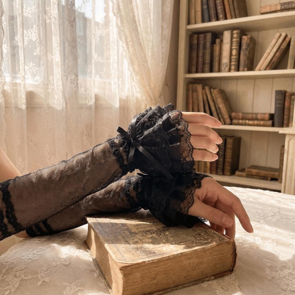 Ruffled Mesh Gloves Lace Cuff Lolita Gloves Vintage Fingerless Gloves  Cosplay