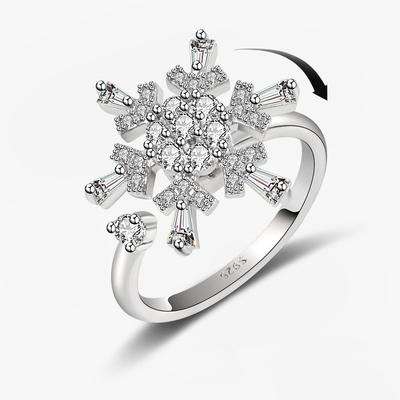 Exquisite Romantic Super Flash Full Zircon Snowflake Rotating Opening Ring Women'S Relieve Anxiety Stainless Steel Jewelry Gifts