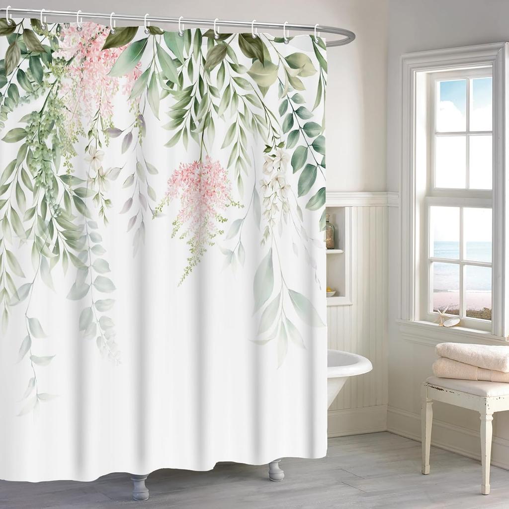 Blue Watercolor Floral Shower Curtain, Botanical Wildflower Design, Waterproof Polyester With Hooks