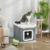 Cat House for Indoor Kittens, 2-Level Cat Cave Bed with Fluffy Balls, Top Bed, Kitten Barrel for Multi Kitties, Grey