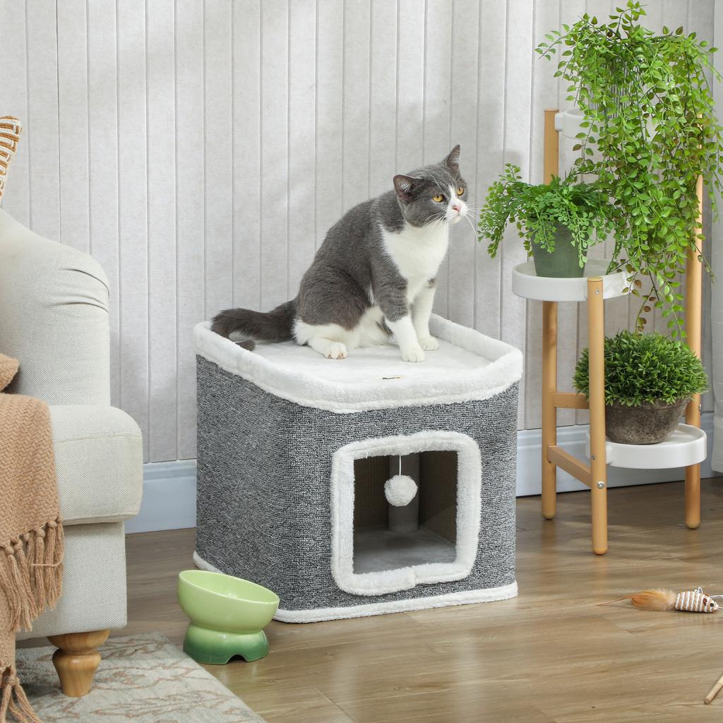 Cat House for Indoor Kittens, 2-Level Cat Cave Bed with Fluffy Balls, Top Bed, Kitten Barrel for Multi Kitties, Grey