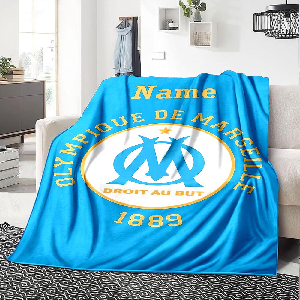 Custom Name Olympique de Marseille Theme Printed Blanket - Perfect for Couch, Bed, Travel & Outdoor Use | Machine Washable, Cozy & Durable.