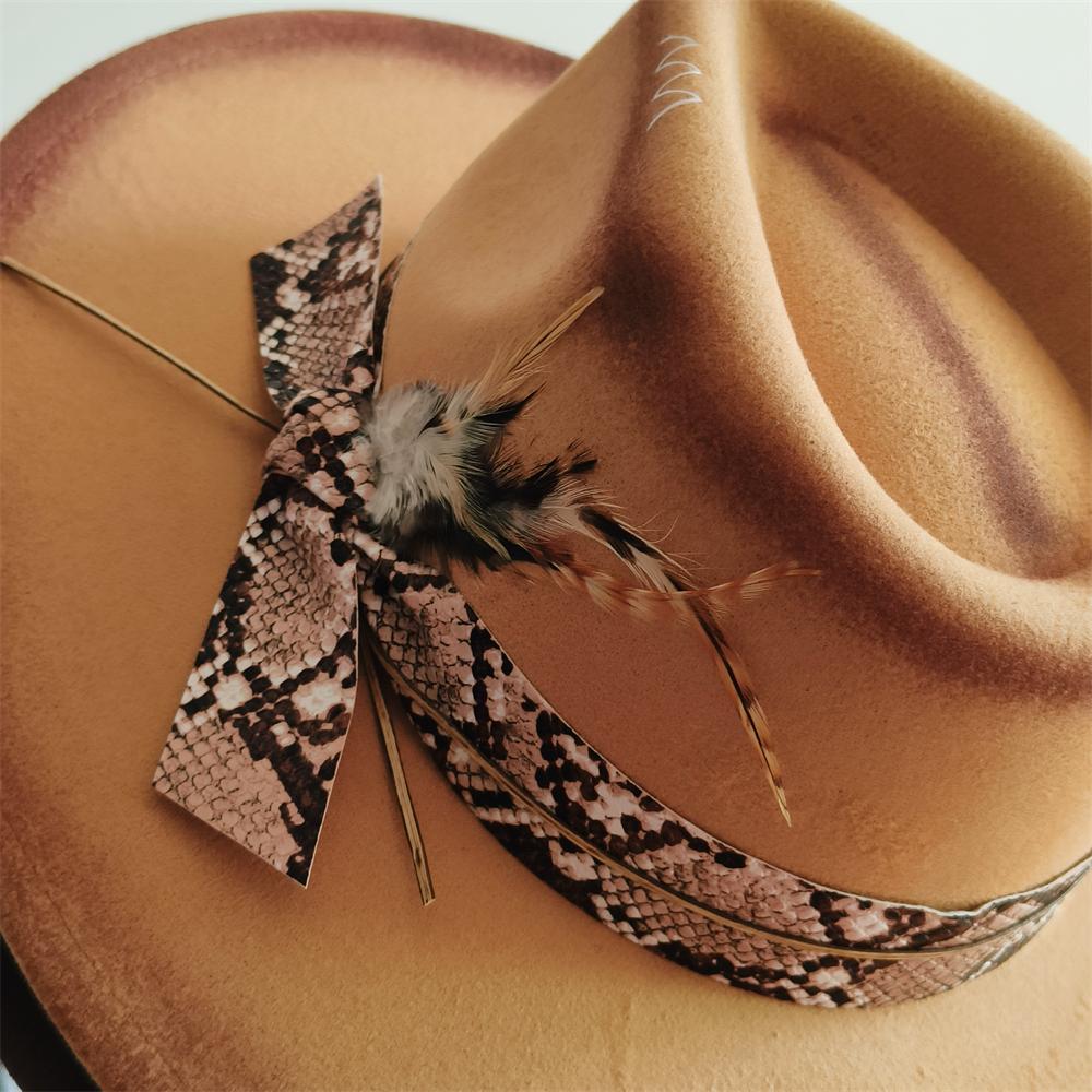Vintage Western Fedora Hut für Männer Frauen Breiter Rand Cowgirl Hut mit Schlangenmuster Band Feder Detail Filz Jazzkappe Sombrero