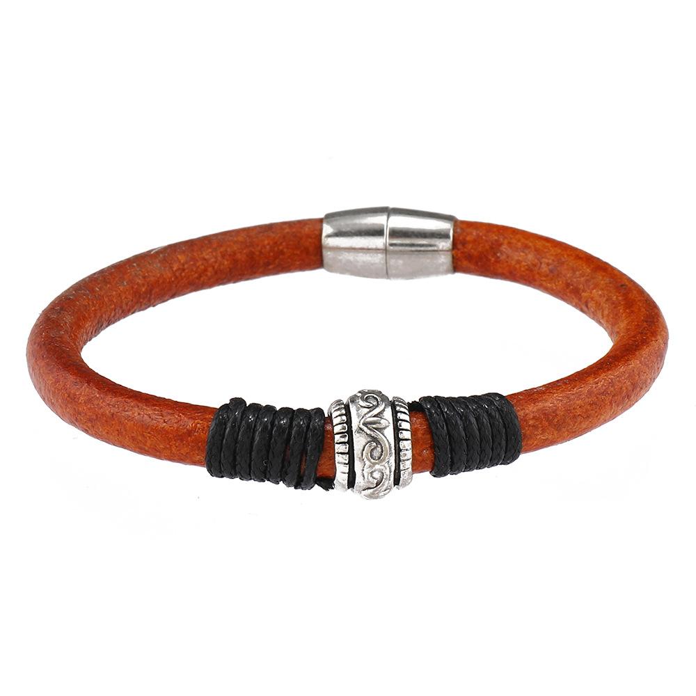 Skeleton Floral Leather Bracelet Men Women Vintage Silver Jewelry Alloy Magnetic Clasp Men Brown Cowhide Wrist Armband