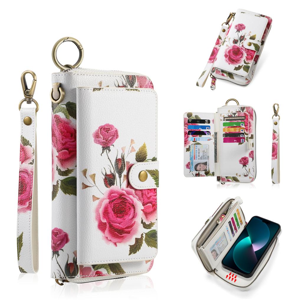 POLA Style 003 For iPhone 15 Pro TPU+PU Phone Cover Detachable 2-in-1 Flower Printed Phone Case with Wallet,Strap