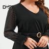 Plus Size Dress V-Neck Hollow Lace Stitching Flared Long Sleeve High Waist Mini Dress Solid Color Casual Mini Dress