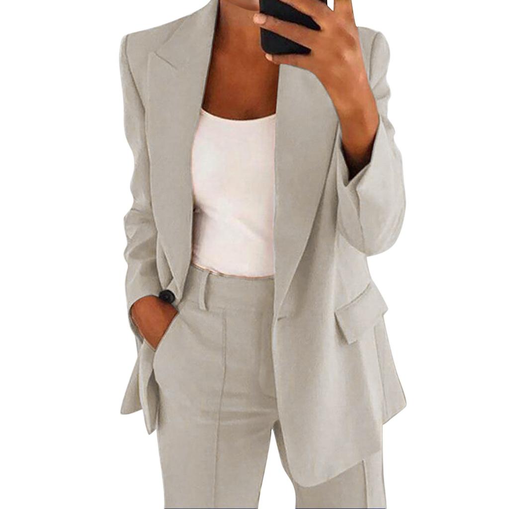 Frauen Casual Langarm Einfarbig Revers Strickjacke Anzug Jacke Hosen Anzug