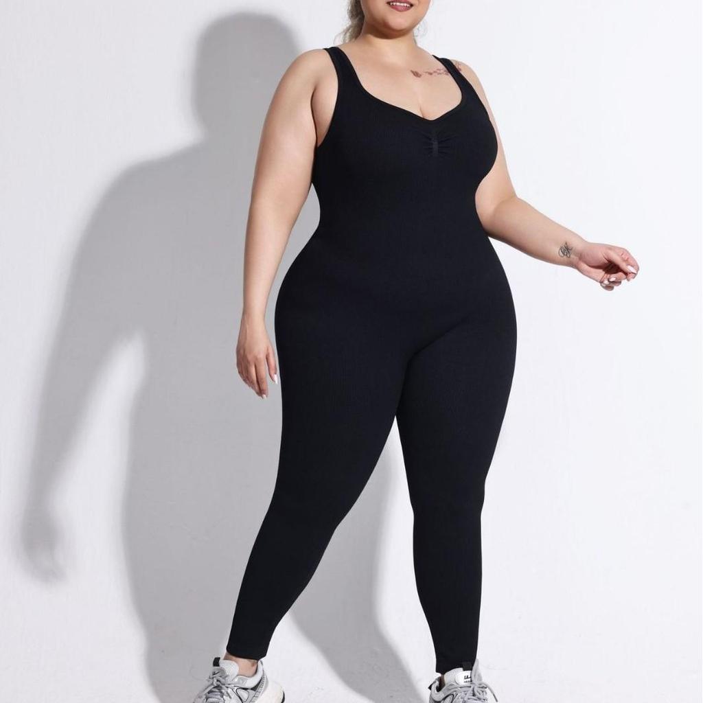 Plus Size Ribbed Backless Jumpsuit: Double Shoulder Strap, Body Shaping, Seamless Hip Lifting Yoga Wear