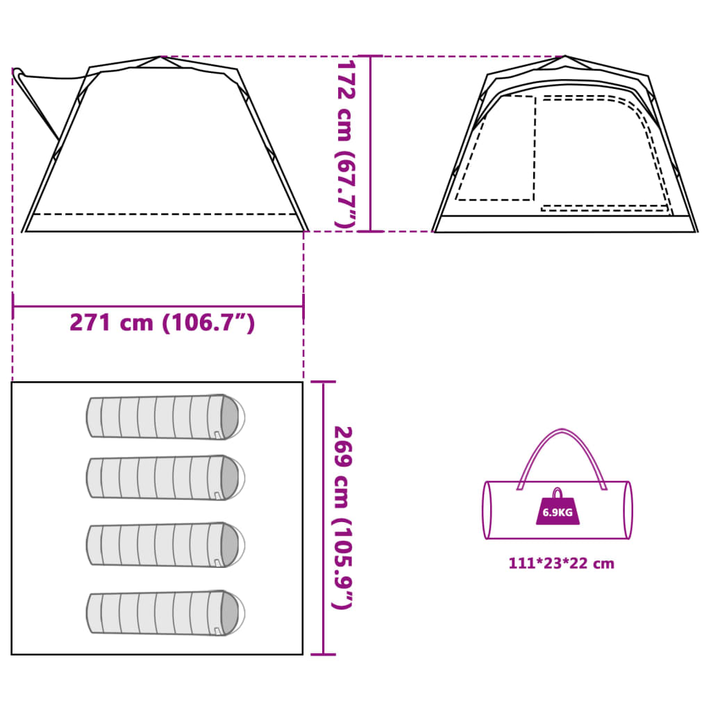 4 Person Camping Tent in Grey and Orange with Quick Release System