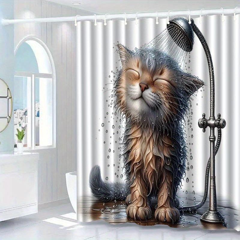 1pc Cute Kitten Pattern Shower Curtain with Hook, Water-washing Shower Curtain, Bath Partition, Bathroom Accessories, Home Decor