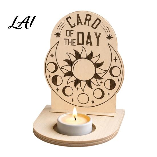 Decorative Tealight Stand Wooden Tarot Card Holder Stand of The Day Candle Holder Moon Rustic Home Decor Sun Star Pattern Altar Display for
