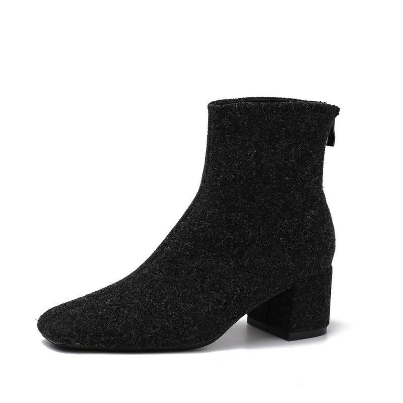 

Мода 2026 Зимние Теплые Ботильоны Женские Модные Бархатные Замшевые Сапоги Дизайн с Задней Молнией Стрейч Сапоги Элегантный Массивный Каблук Botas Mujer 40 чёрный