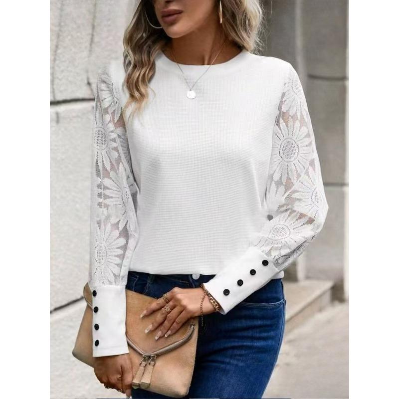 Autumn Solid Color Long Sleeved Embroidered Lace Patchwork Waffle Round Neck Top T Shirt