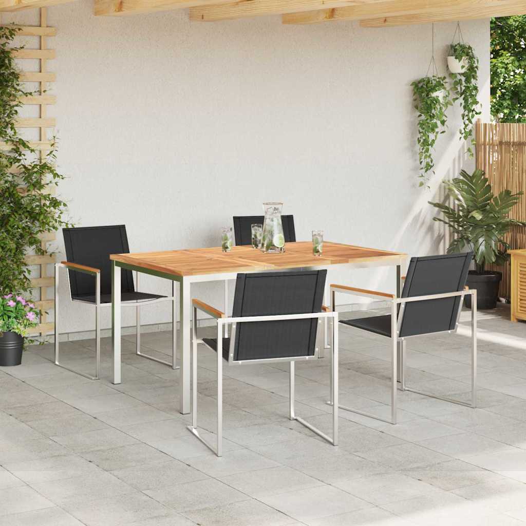 Garden Dining Set 5 Pcs Solid Teak Wood and Stainless Steel