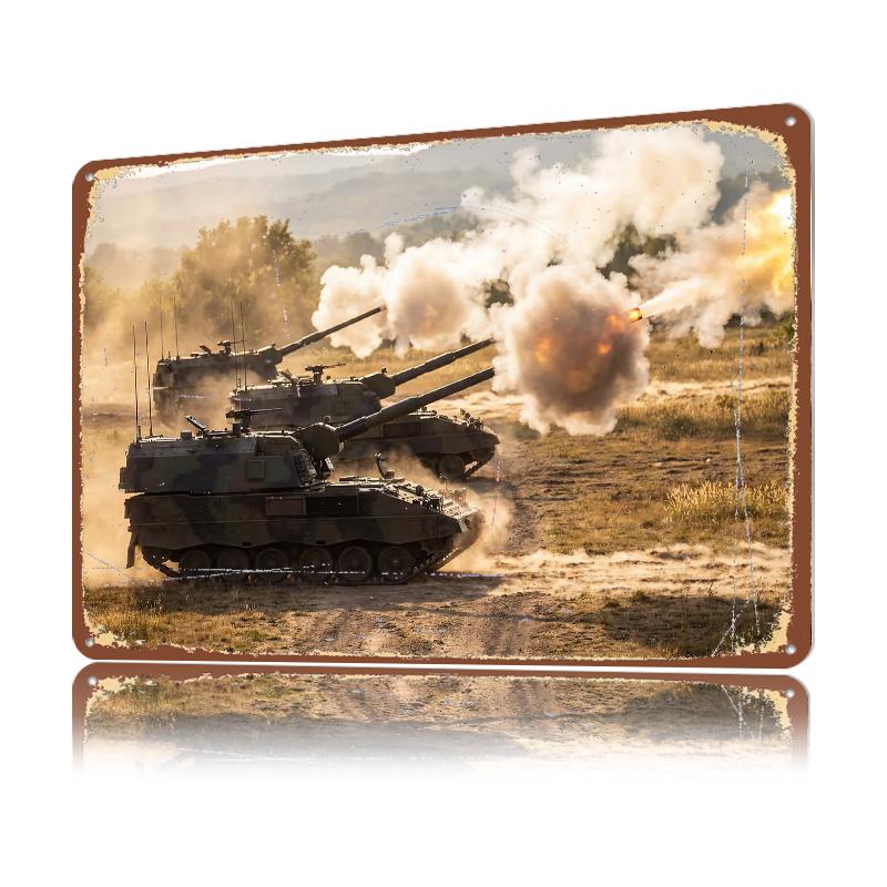 Military Tanks Firing on Battlefield D Texture Metal Poster Customized Wall Art Tin Sign Gift for Mancave Office Decoration
