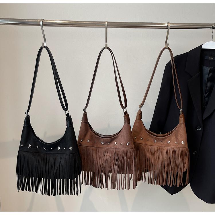Retro Frosted Suede Tassel One Shoulder Bag Women Autumn Winter Vintage Rivet Zipper Large Capacity All-Match Crossbody Bags