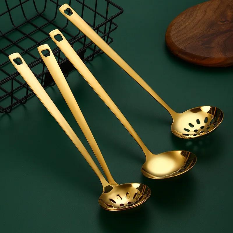 Spoon Colander Stainless Steel Long Handle Household Thickened Golden Hot Pot Spoon Golden Deepened Soup Shell Colander.