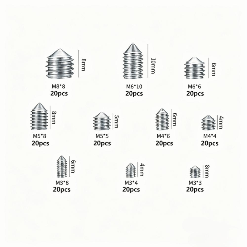 200PCS Silver Grub Screw Set M3 To M8 Inner Hex Screw Stainless Steel Screw For Precise Instrument