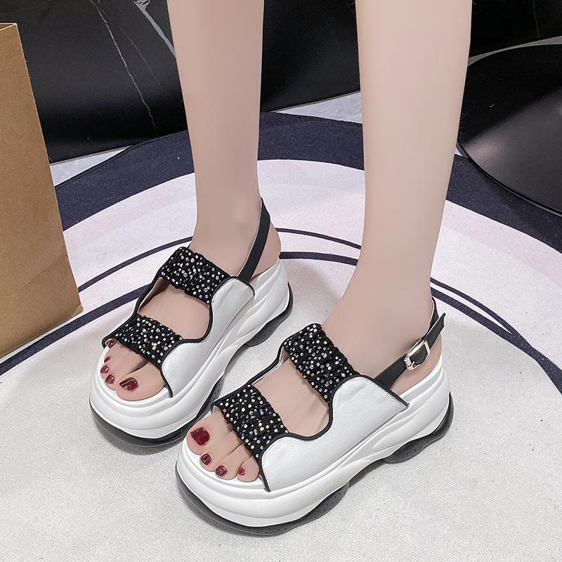 Sandală groasă la modă de 8 cm Femei 2024 Vară Cristal strălucitor Plajă în aer liber Sandale cu platformă Femeie Modă Pliată Fund gros Sandalias