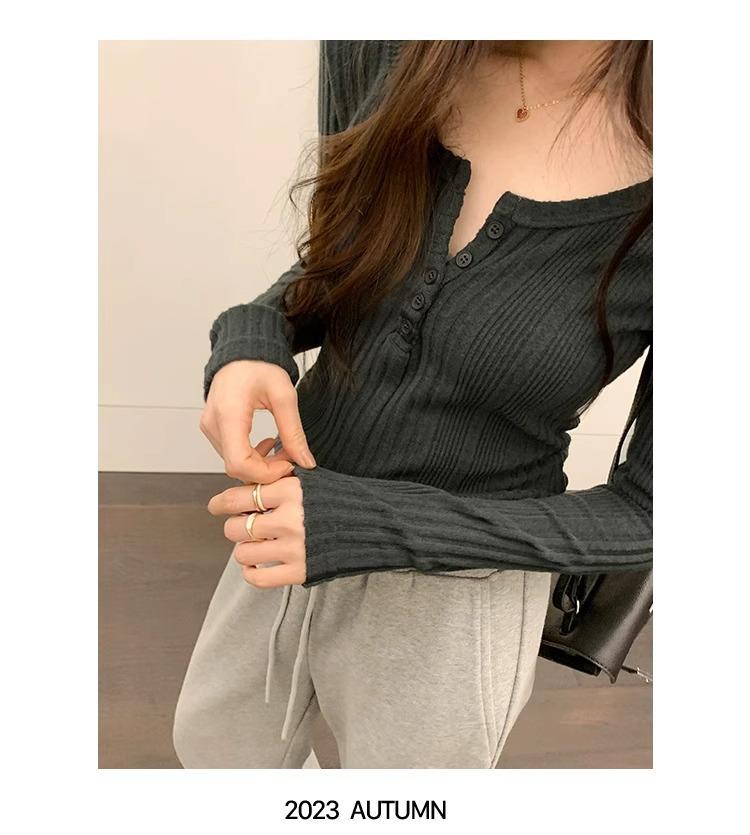 Women's Retro U-Neck Slimming Long-Sleeve Ribbed Knit Top, 2025 Autumn/Winter Collection