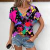 Summer V-neck 3D Colorful Splash Printed T-shirts Fashionable Casual Short Sleeved Women's T-shirts