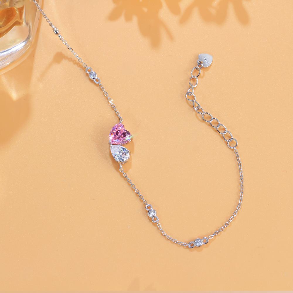 S925 Pure Silver Pink and White Synthetic Zirconia Heart Waterdrop Design Charming Bracelets for Women Daily Wear Birthday Gift