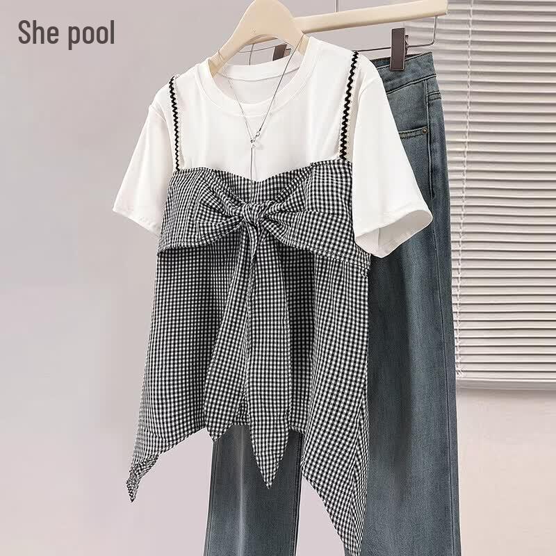 Women s Patchwork Bow Tie Detail Short Sleeve T-shirt XL