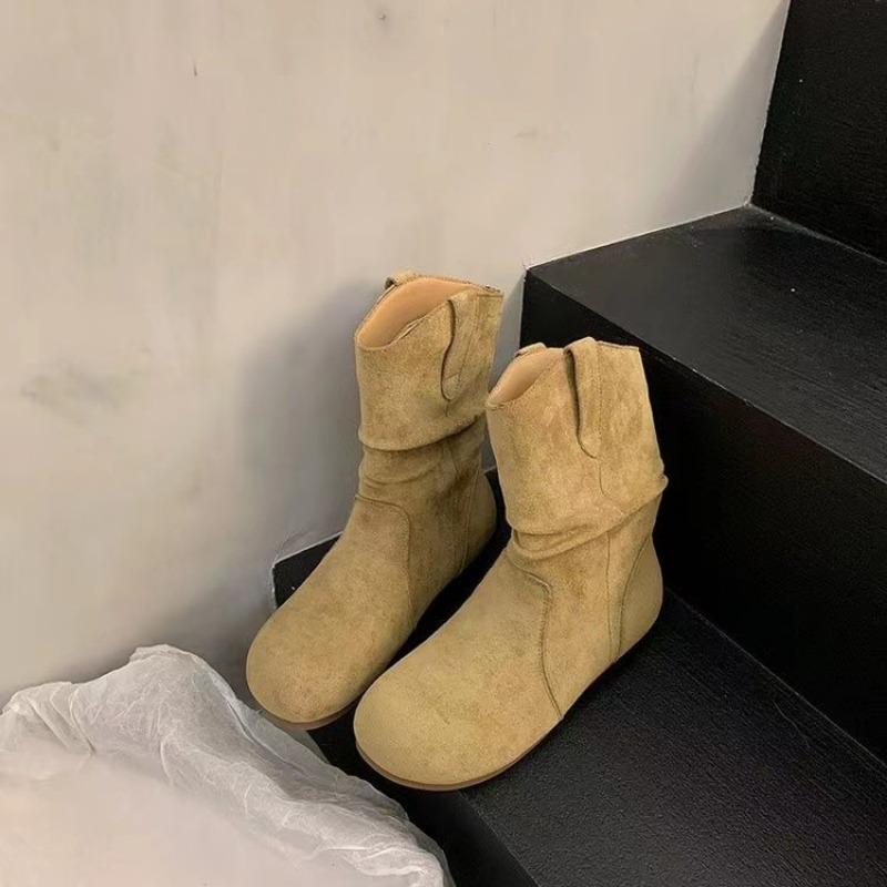 Rudens zamšādas sieviešu apavi ar plakanu dibenu, kroku, modes vienkrāsaini, apaļi purngali, sieviešu apavi ballītēm, piedurknēm, zābaki ikru vidū Botas Mujer