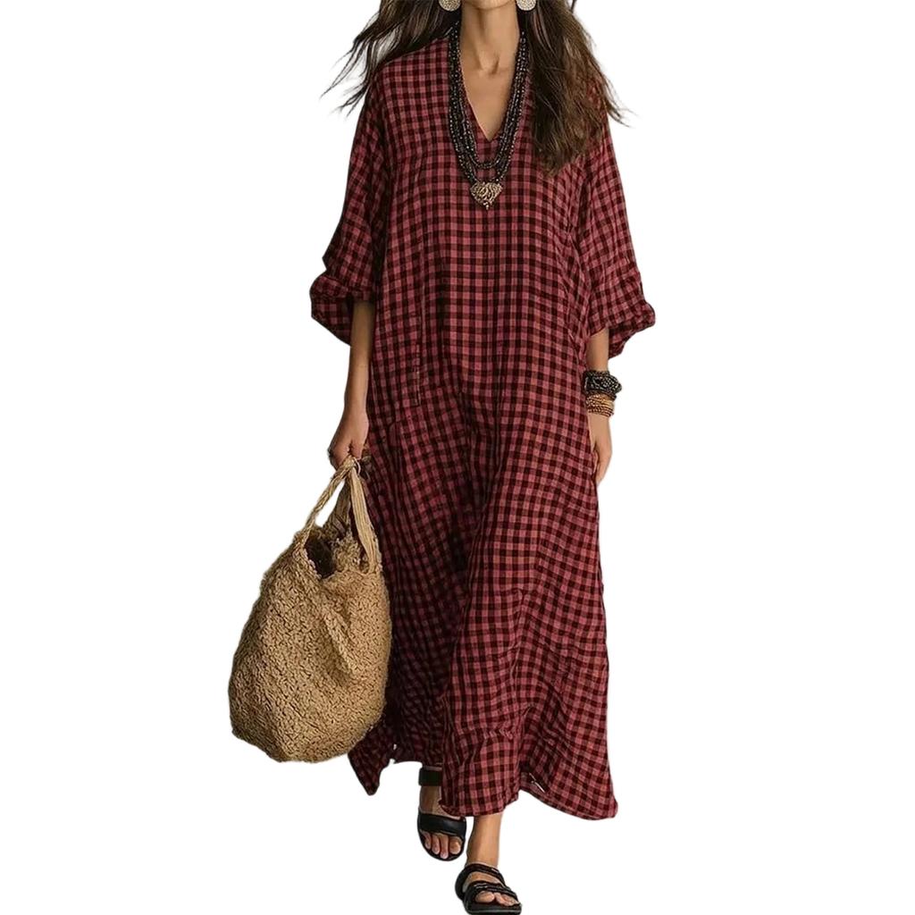 Women's Retro Plaid Loose Fit Cotton Linen Casual Dress