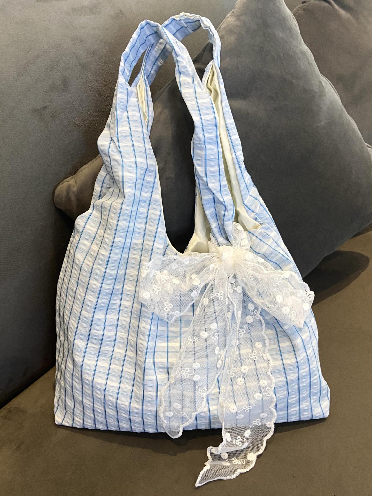 

Новая ажурная клетчатая большая вместительная сумка через плечо из холста женская тонкая студенческая школьная сумка свежая студенческая ветровая сумка светло-синий