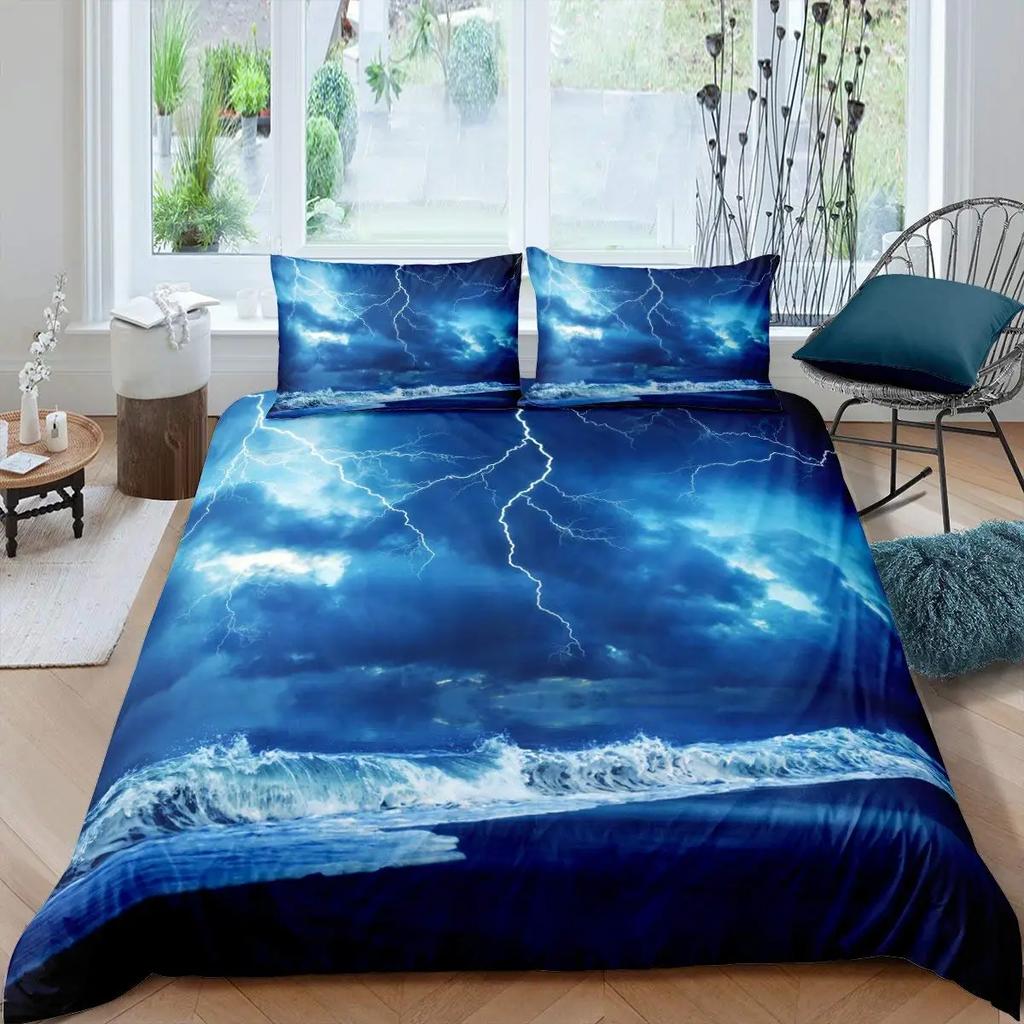 Lightning Duvet Cover Set Sea Wave Natural Disasters Sea Landscape Bedding Set Dark Clouds King Size Polyester Comforter Cover