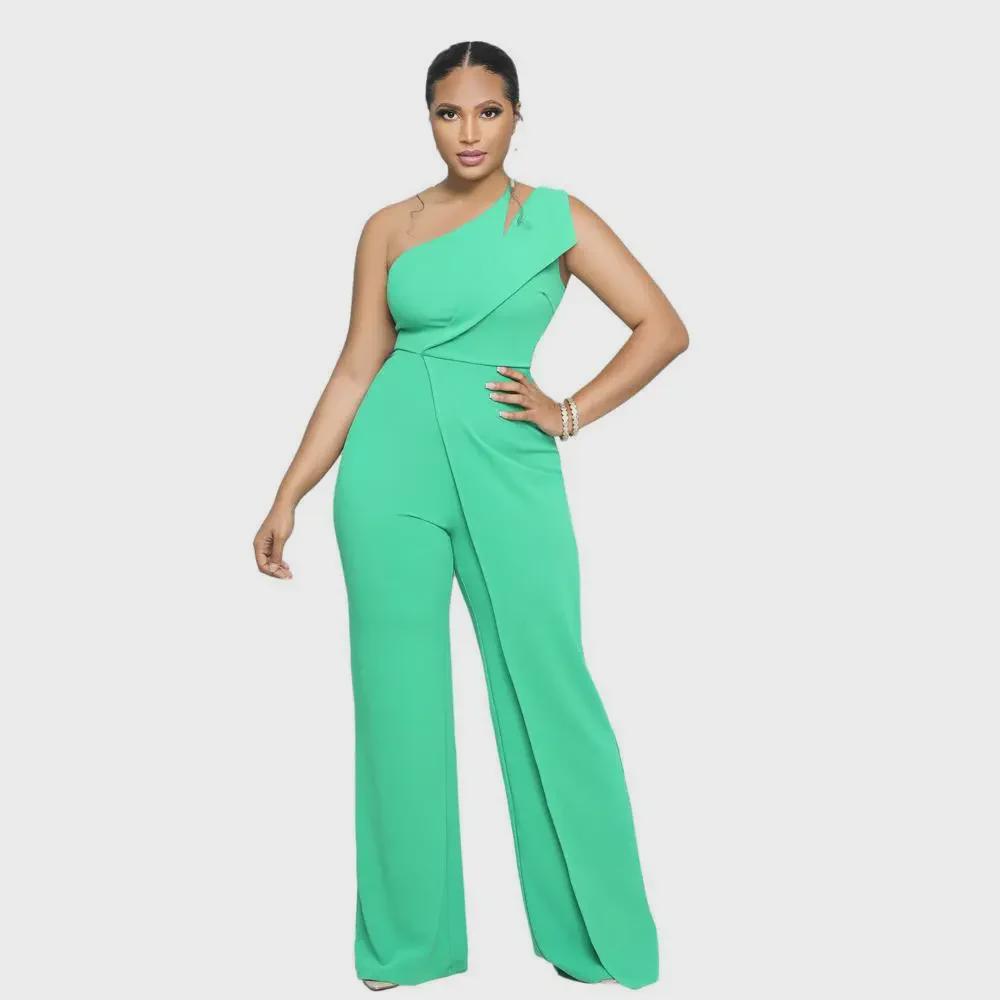 9904 European & American Sexy Sleeveless One-Shoulder High Waist Straight Jumpsuit
