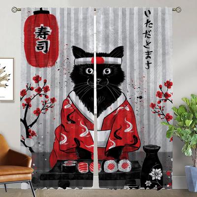 Vorhänge für Schlafzimmer Sushi Katze Verdunkelungsvorhang für Zimmer 2 Paneele Raumteiler Heim-Innenvorhänge Halloween Dekoration Jalousien