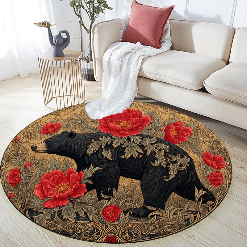 Vintage Bear pattern round rug,Carpet Rug for Living Room Bedroom Sofa Playroom Decor,Non-slip Floor Mat,Holiday Gifts and Birthday Gifts